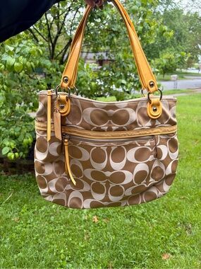 Coach Tan Signature Tote with Yellow Leather Trim